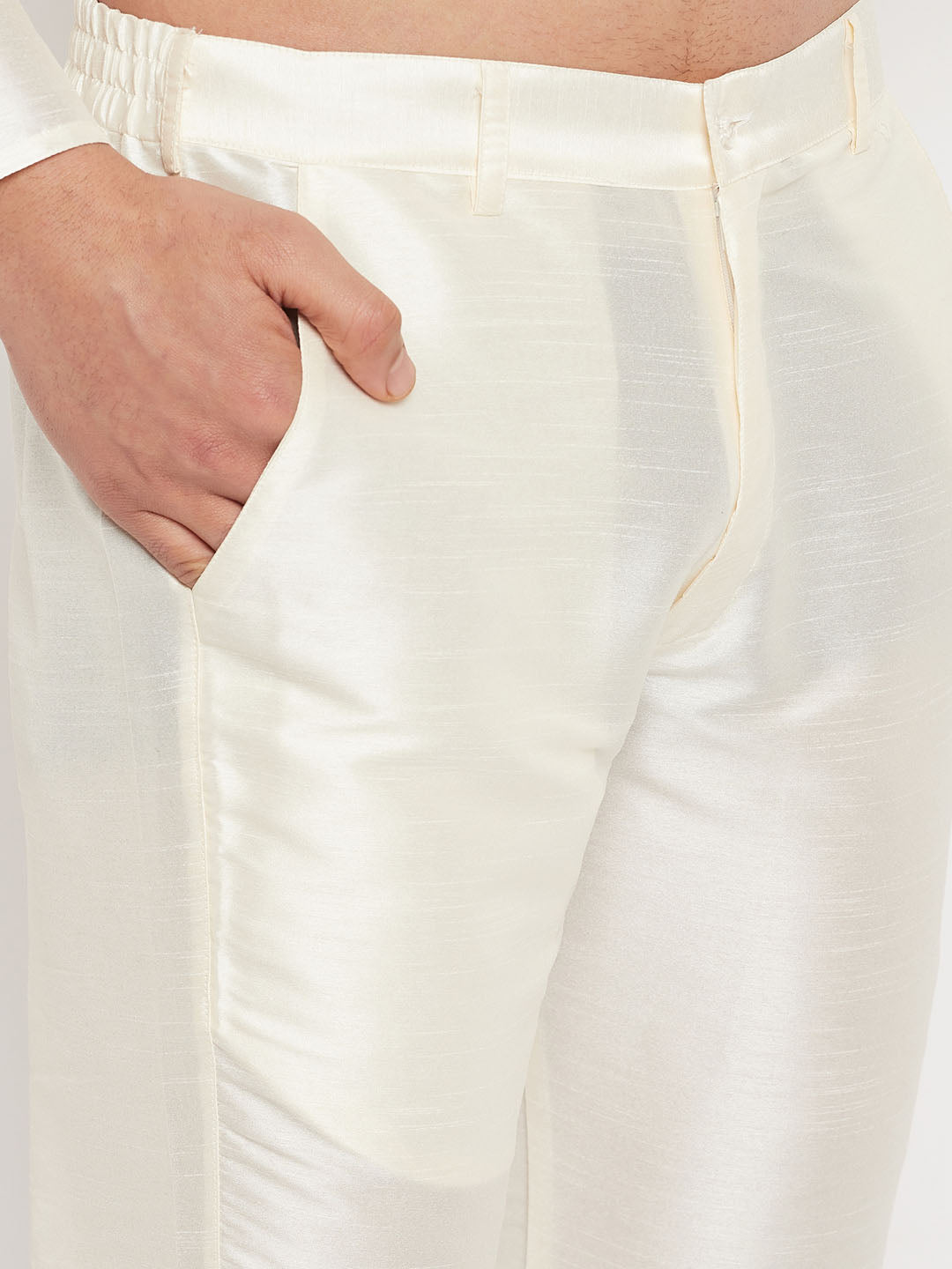Men's Cream Silk Blend Straight Jacket  Kurta and Pyjama Set