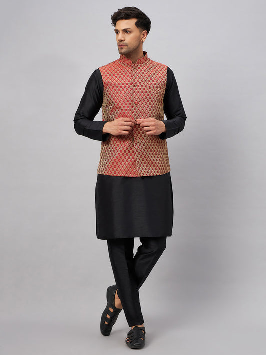 Men's Black Silk Blend Straight Jacket  Kurta and Pyjama Set