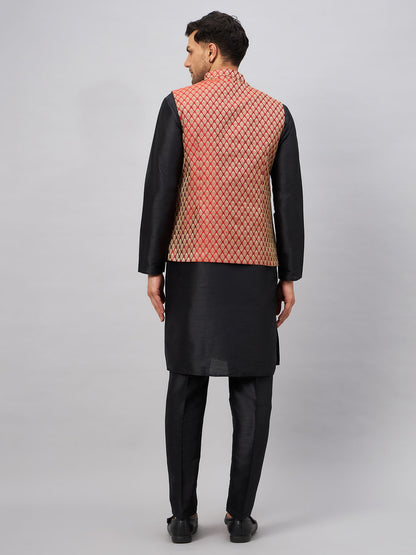 Men's Black Silk Blend Straight Jacket  Kurta and Pyjama Set