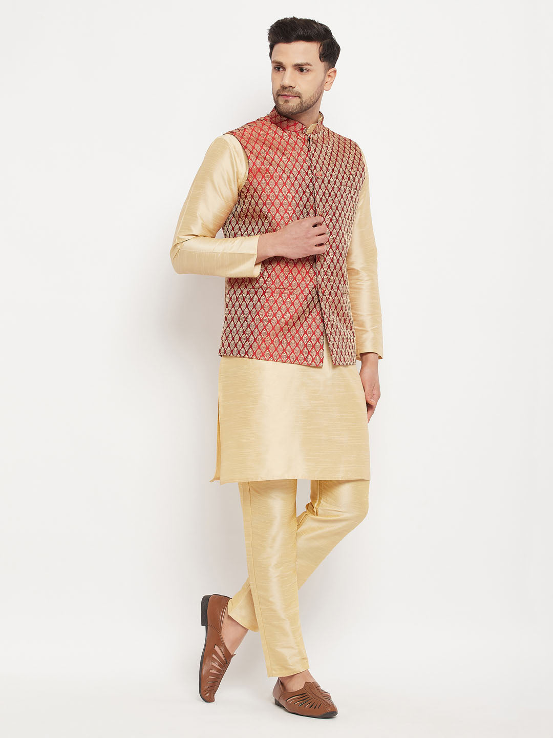 Men's Gold Silk Blend Straight Jacket  Kurta and Pyjama Set