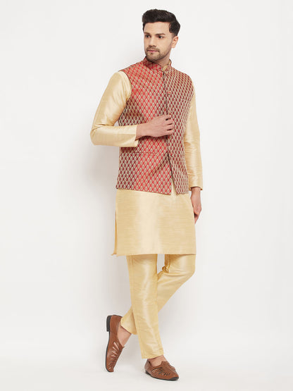 Men's Gold Silk Blend Straight Jacket  Kurta and Pyjama Set