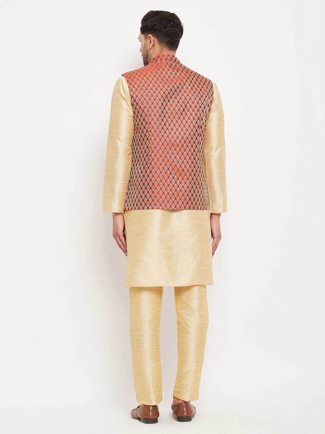 Men's Gold Silk Blend Straight Jacket  Kurta and Pyjama Set