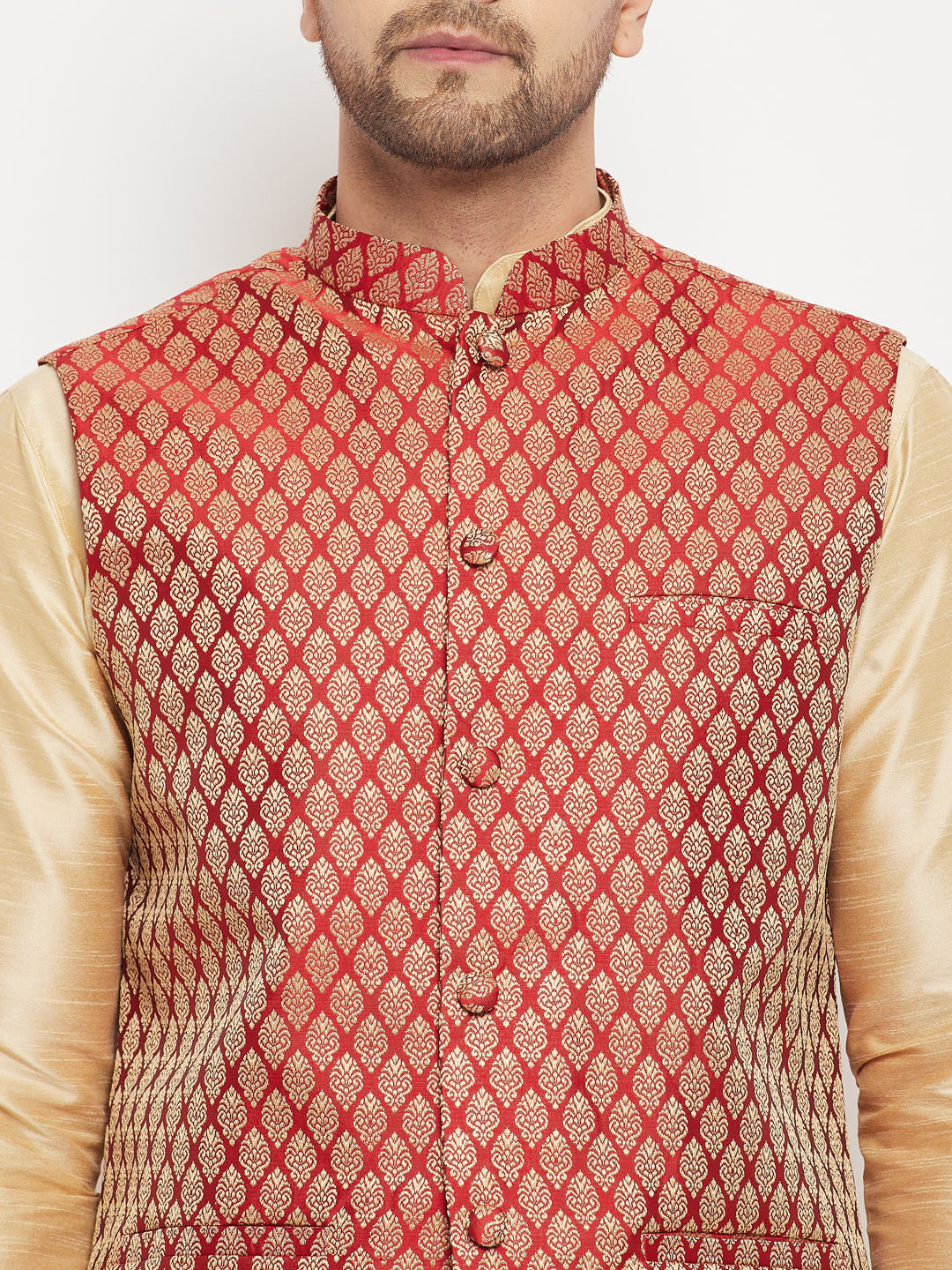 Men's Gold Silk Blend Straight Jacket  Kurta and Pyjama Set