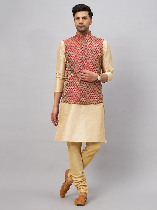 Men's Gold Silk Blend Straight Jacket  Kurta and Pyjama Set