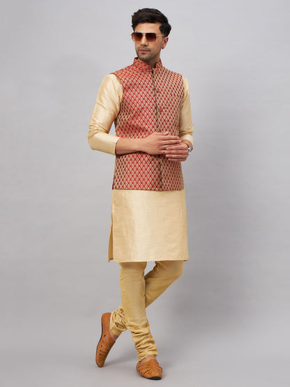 Men's Gold Silk Blend Straight Jacket  Kurta and Pyjama Set