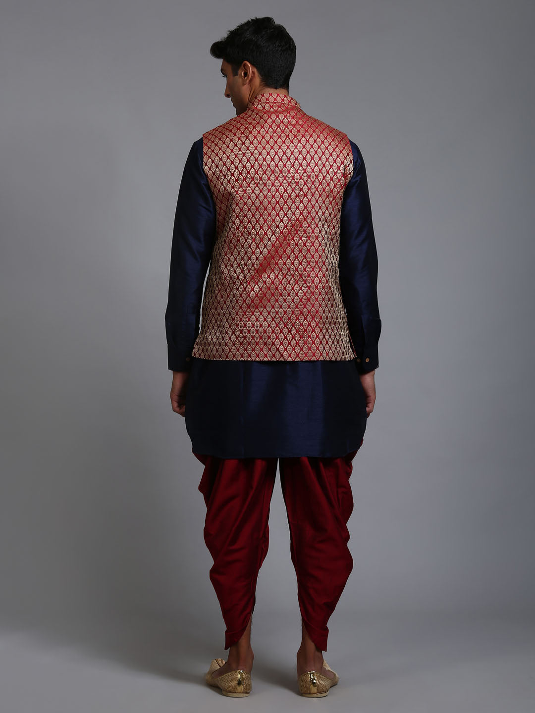 Men's Navy Blue Silk Blend Straight Jacket  Kurta and Dhoti Set