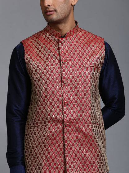 Men's Navy Blue Silk Blend Straight Jacket  Kurta and Dhoti Set