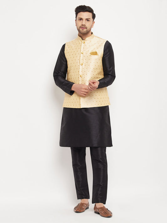 Men's Black Silk Blend Straight Jacket  Kurta and Pyjama Set