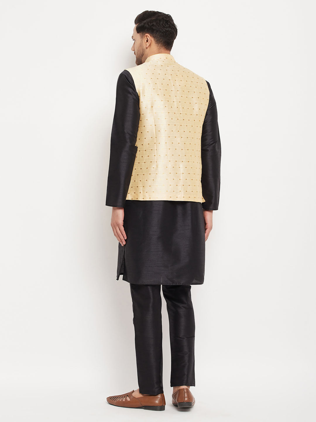 Men's Black Silk Blend Straight Jacket  Kurta and Pyjama Set