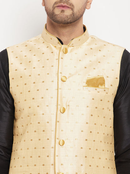 Men's Black Silk Blend Straight Jacket  Kurta and Pyjama Set