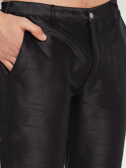 Men's Black Silk Blend Straight Jacket  Kurta and Pyjama Set