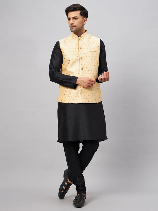 Men's Black Silk Blend Straight Jacket  Kurta and Pyjama Set