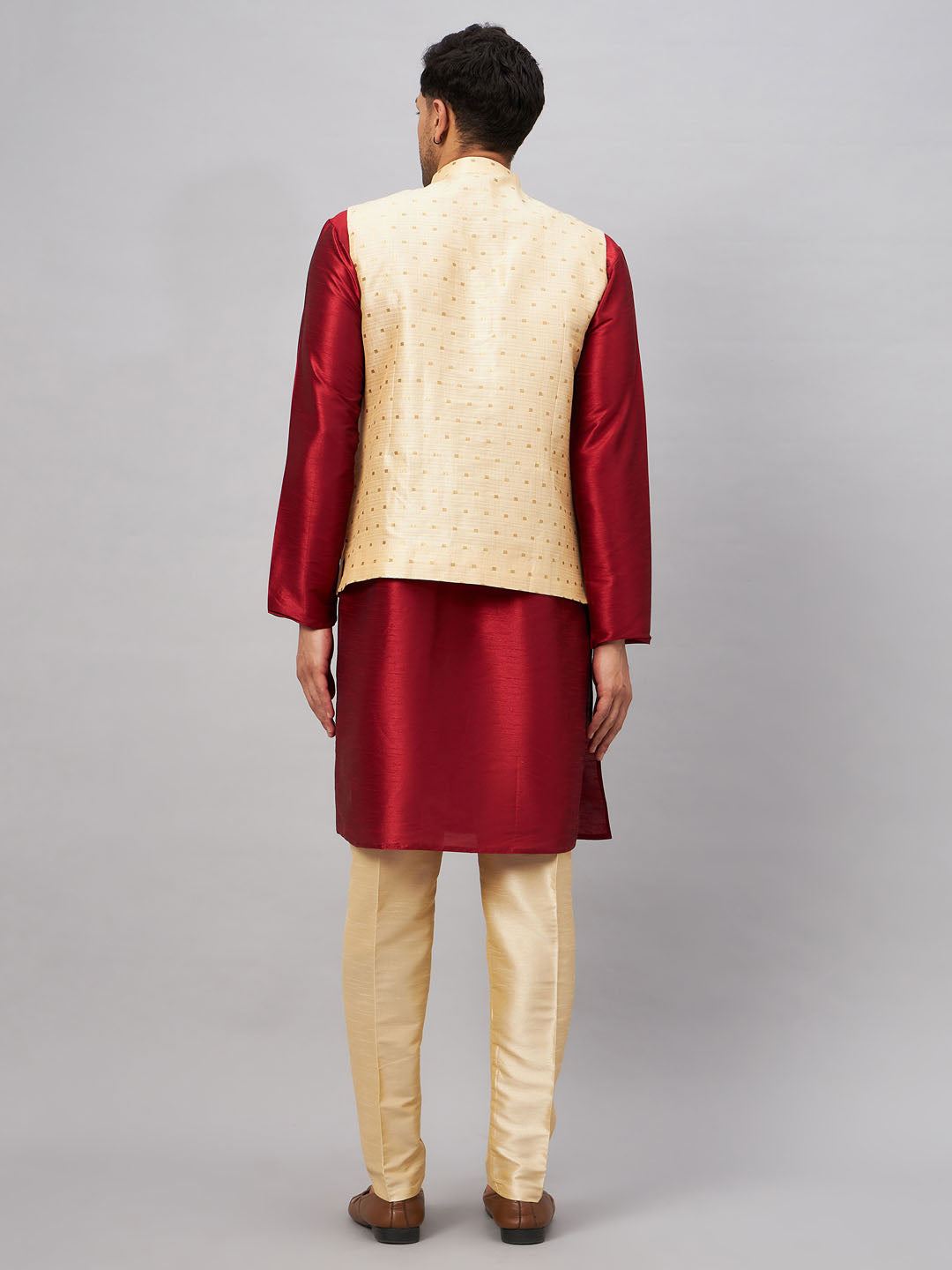 Men's Maroon Silk Blend Straight Jacket  Kurta and Pyjama Set