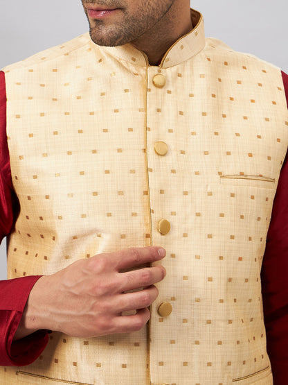 Men's Maroon Silk Blend Straight Jacket  Kurta and Pyjama Set