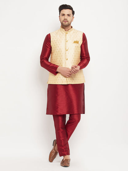 Men's Maroon Silk Blend Straight Jacket  Kurta and Pyjama Set
