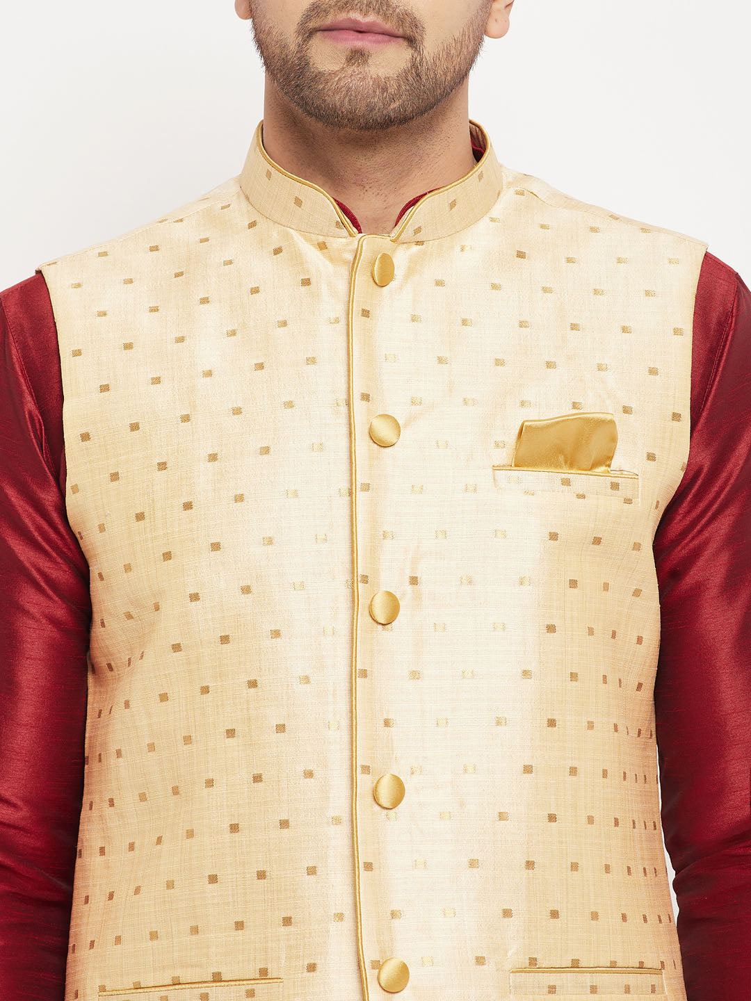 Men's Maroon Silk Blend Straight Jacket  Kurta and Pyjama Set