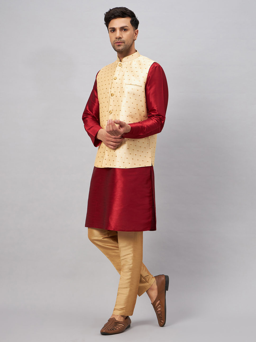 Men's Maroon Silk Blend Straight Jacket  Kurta and Pyjama Set