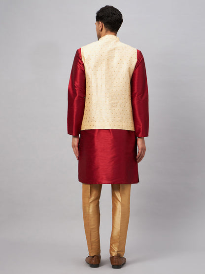 Men's Maroon Silk Blend Straight Jacket  Kurta and Pyjama Set