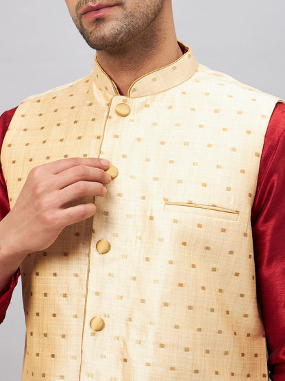 Men's Maroon Silk Blend Straight Jacket  Kurta and Pyjama Set