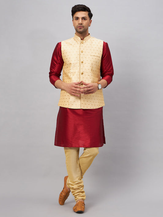 Men's Maroon Silk Blend Straight Jacket  Kurta and Pyjama Set