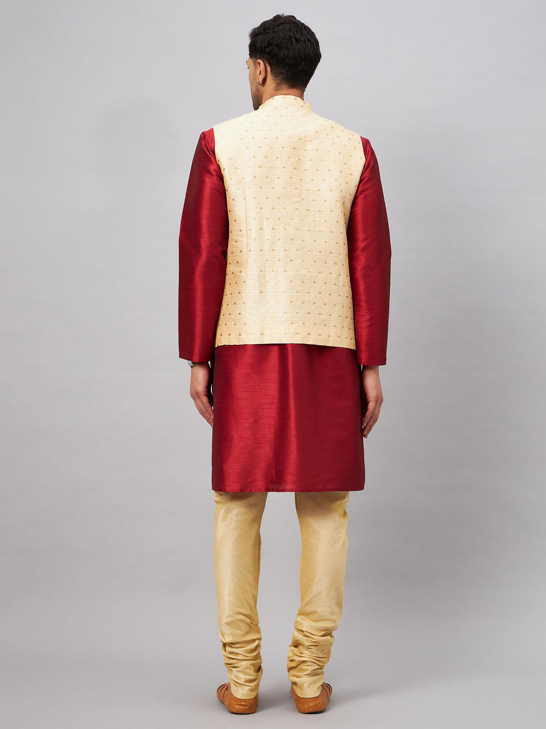 Men's Maroon Silk Blend Straight Jacket  Kurta and Pyjama Set