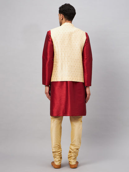 Men's Maroon Silk Blend Straight Jacket  Kurta and Pyjama Set