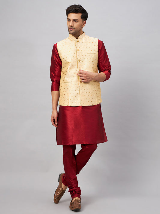 Men's Maroon Silk Blend Straight Jacket  Kurta and Pyjama Set