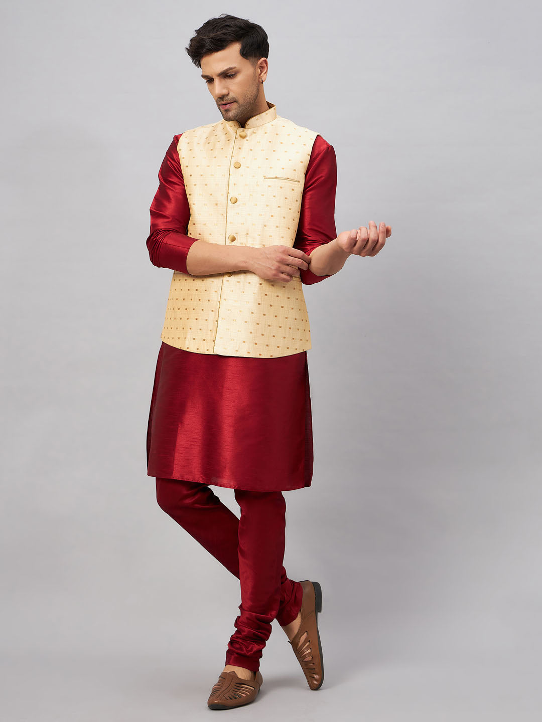 Men's Maroon Silk Blend Straight Jacket  Kurta and Pyjama Set