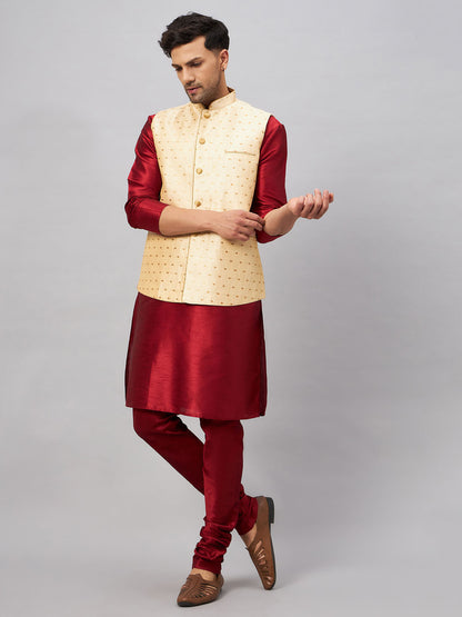 Men's Maroon Silk Blend Straight Jacket  Kurta and Pyjama Set