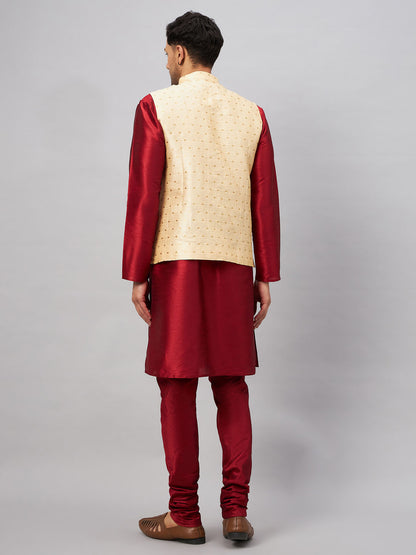 Men's Maroon Silk Blend Straight Jacket  Kurta and Pyjama Set
