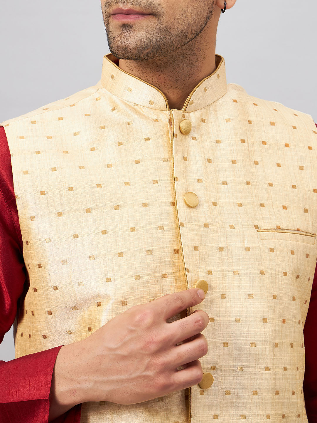 Men's Maroon Silk Blend Straight Jacket  Kurta and Pyjama Set