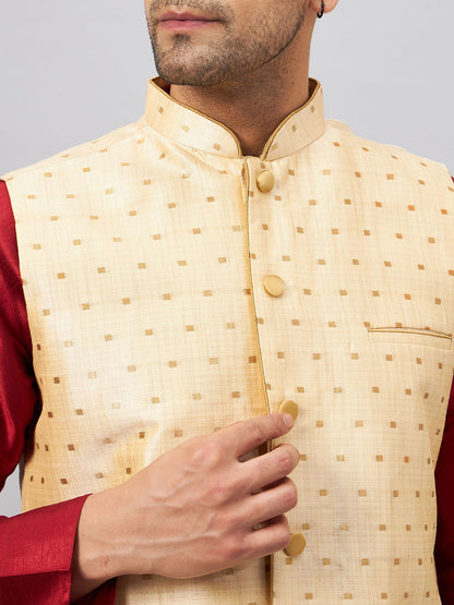 Men's Maroon Silk Blend Straight Jacket  Kurta and Pyjama Set