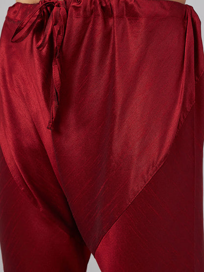 Men's Maroon Silk Blend Straight Jacket  Kurta and Pyjama Set
