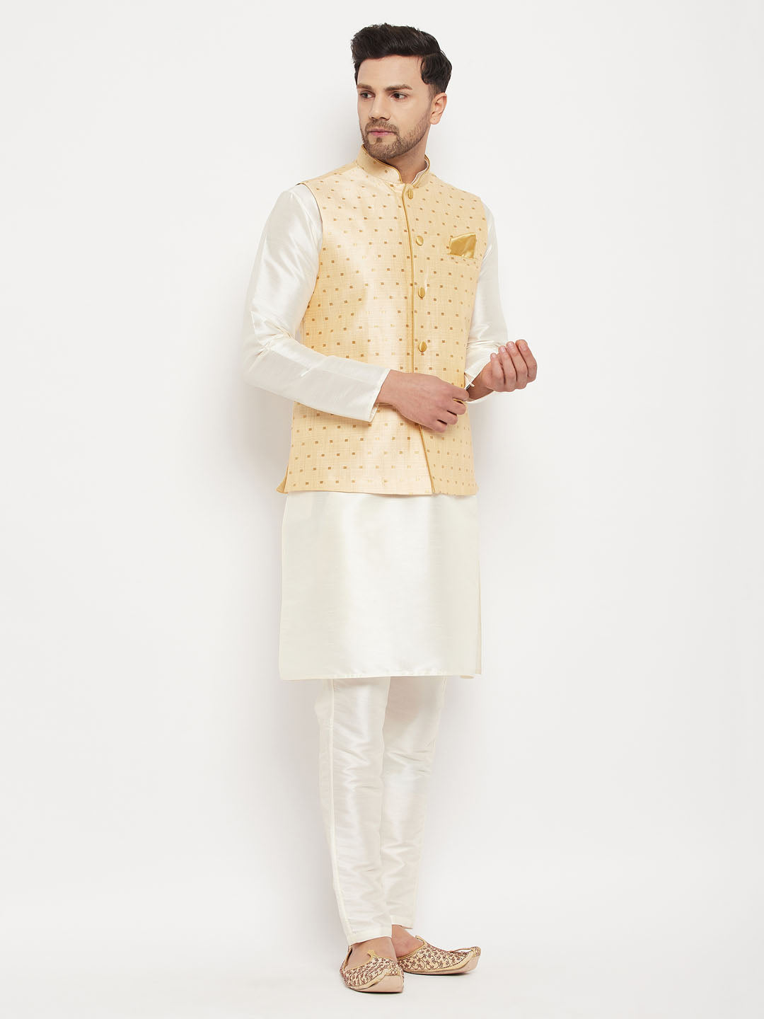 Men's Cream Silk Blend Straight Jacket  Kurta and Pyjama Set