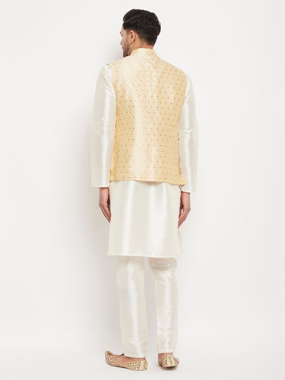Men's Cream Silk Blend Straight Jacket  Kurta and Pyjama Set