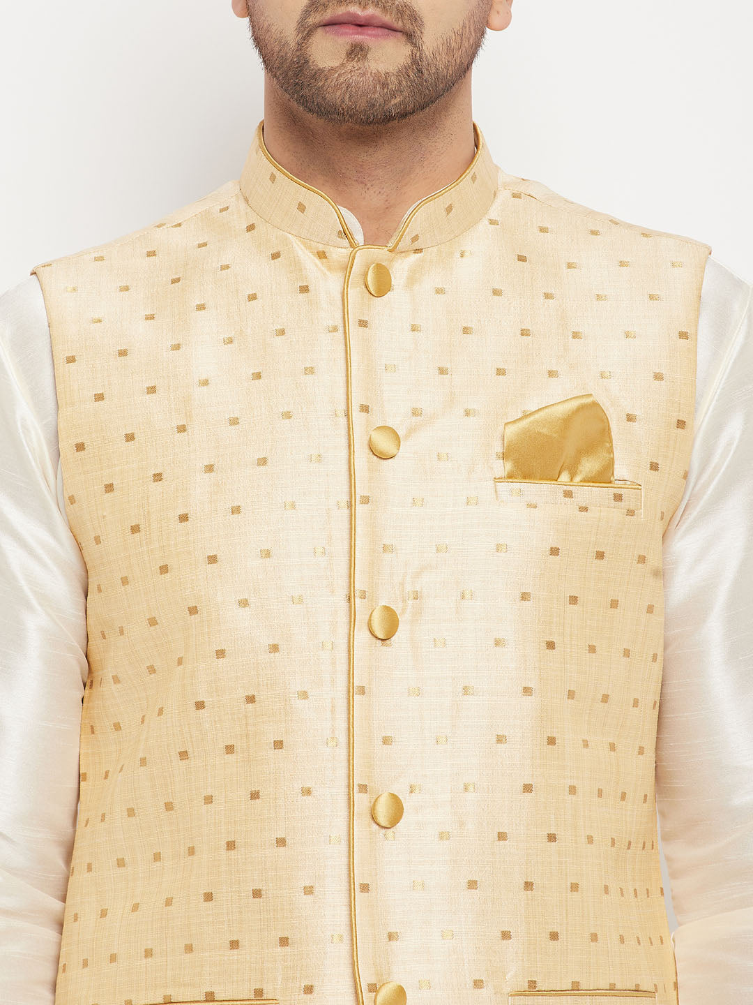 Men's Cream Silk Blend Straight Jacket  Kurta and Pyjama Set