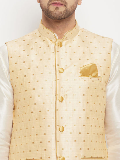 Men's Cream Silk Blend Straight Jacket  Kurta and Pyjama Set