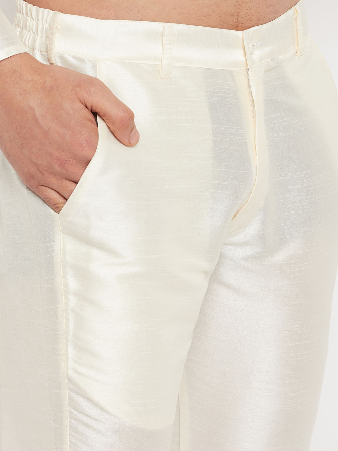 Men's Cream Silk Blend Straight Jacket  Kurta and Pyjama Set