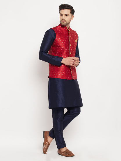 Men's Navy Blue Silk Blend Straight Jacket  Kurta and Pyjama Set