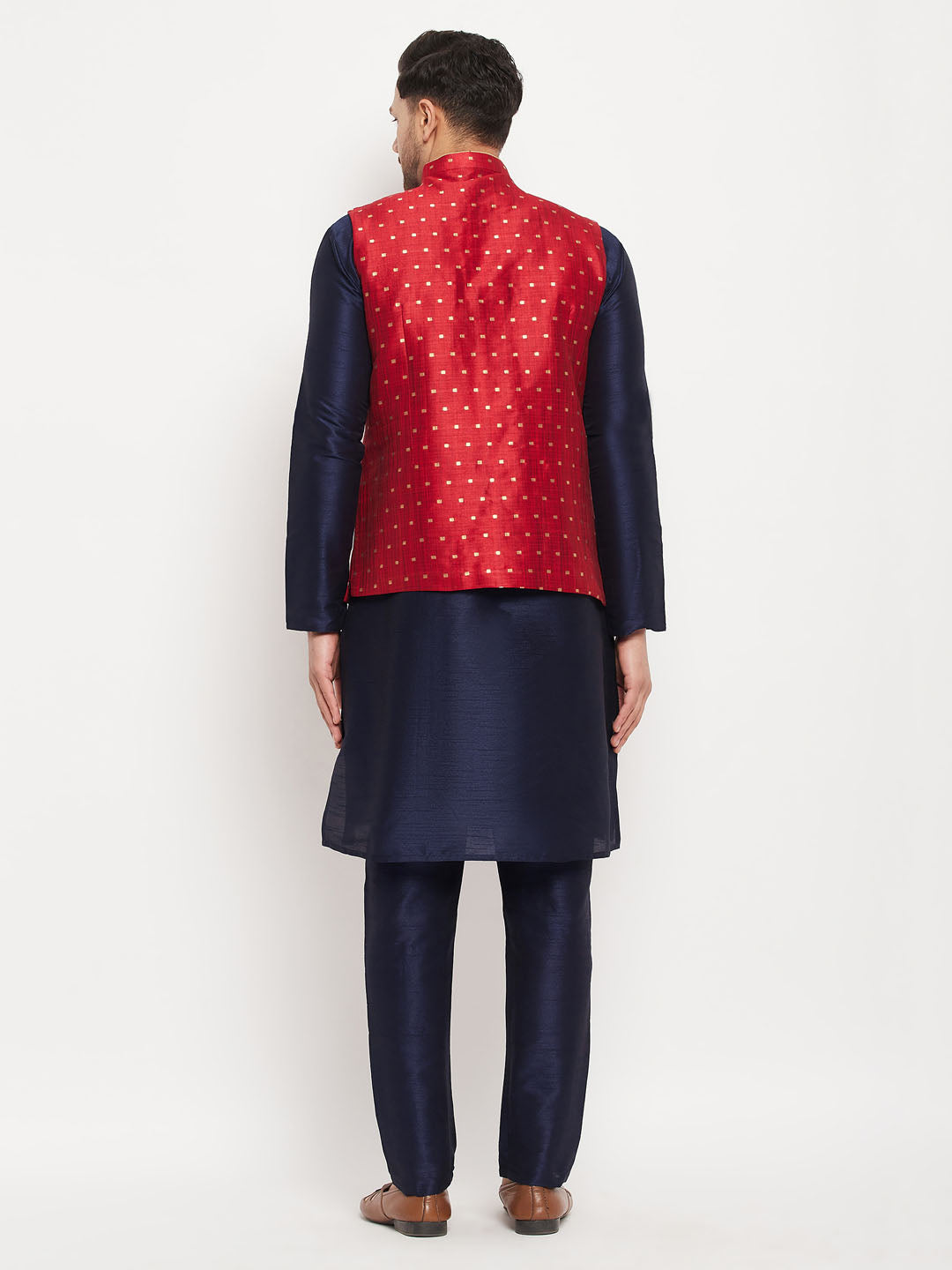 Men's Navy Blue Silk Blend Straight Jacket  Kurta and Pyjama Set