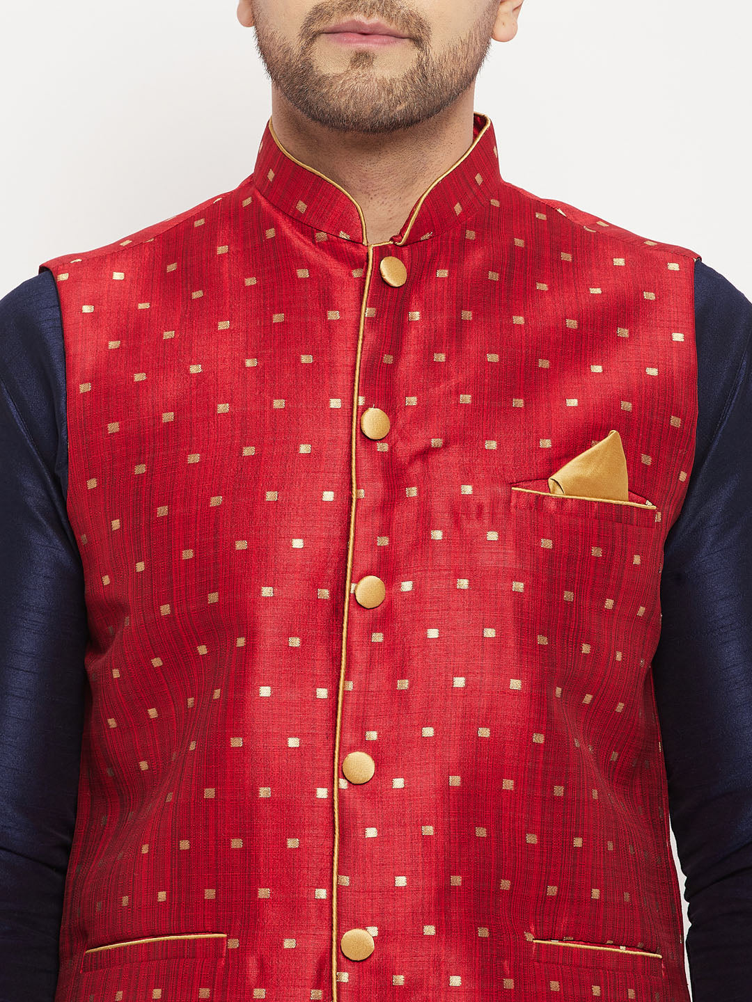 Men's Navy Blue Silk Blend Straight Jacket  Kurta and Pyjama Set