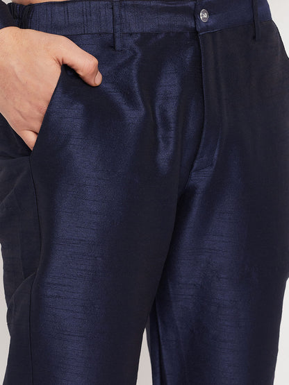 Men's Navy Blue Silk Blend Straight Jacket  Kurta and Pyjama Set