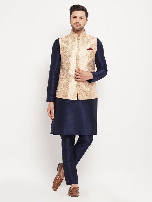 Men's Navy Blue Silk Blend Straight Jacket  Kurta and Pyjama Set