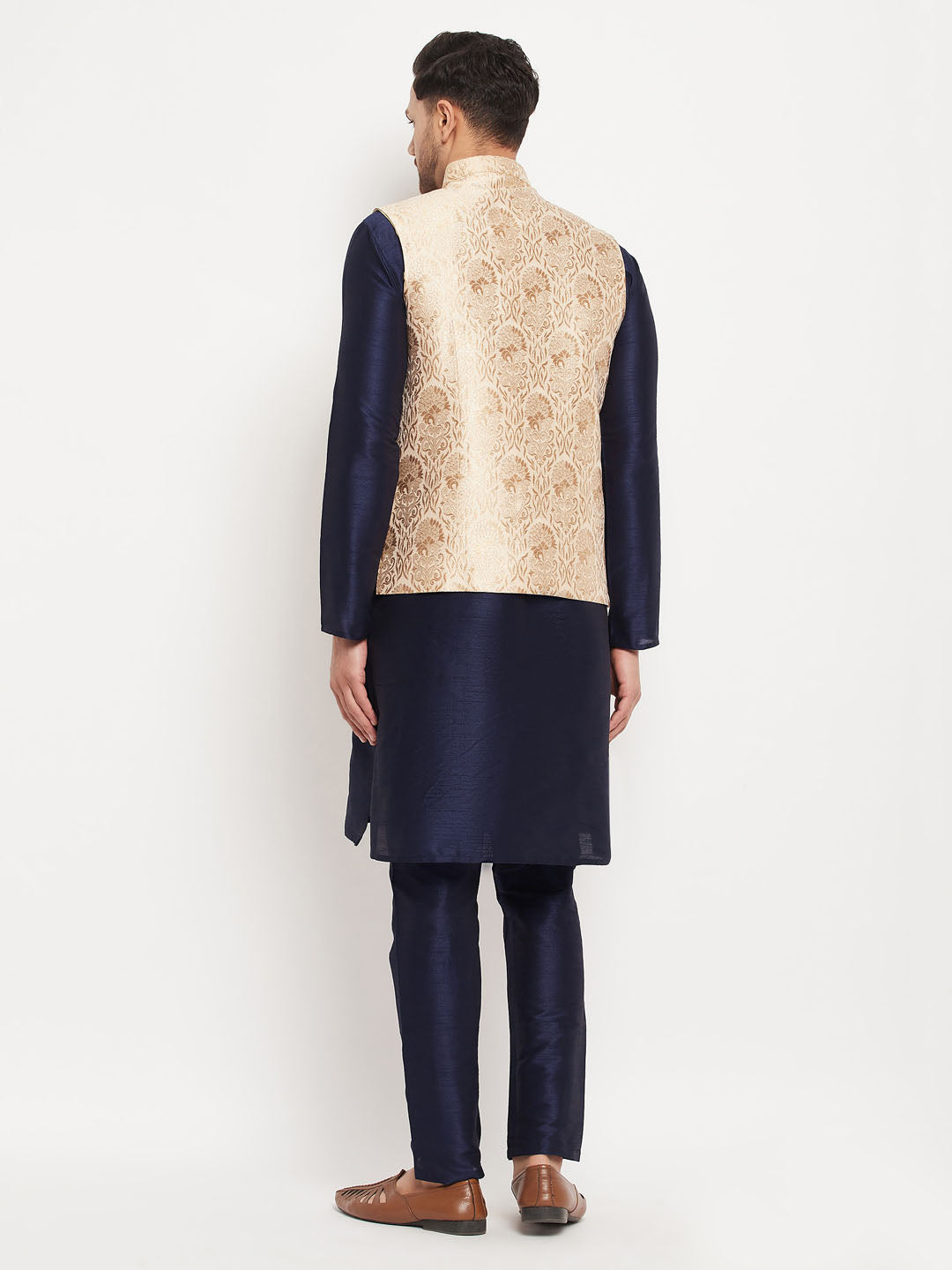 Men's Navy Blue Silk Blend Straight Jacket  Kurta and Pyjama Set