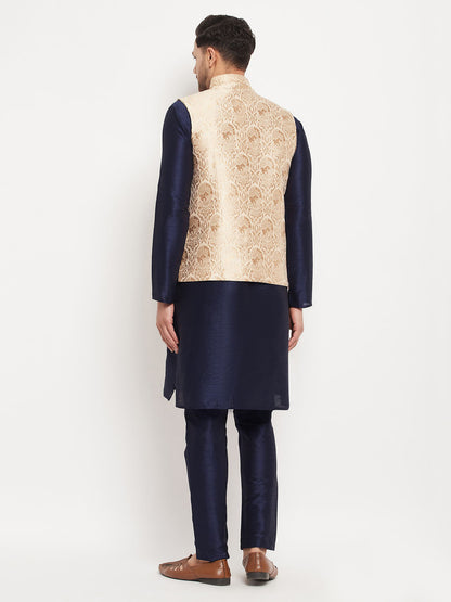 Men's Navy Blue Silk Blend Straight Jacket  Kurta and Pyjama Set