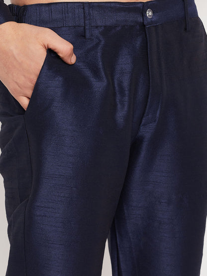 Men's Navy Blue Silk Blend Straight Jacket  Kurta and Pyjama Set