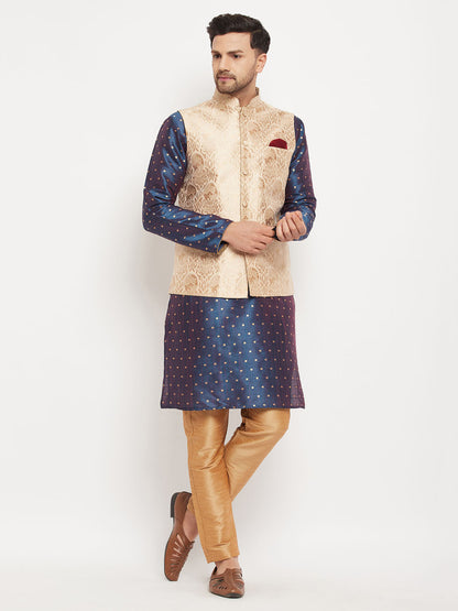 Men's Blue Silk Blend Straight Jacket  Kurta and Pyjama Set