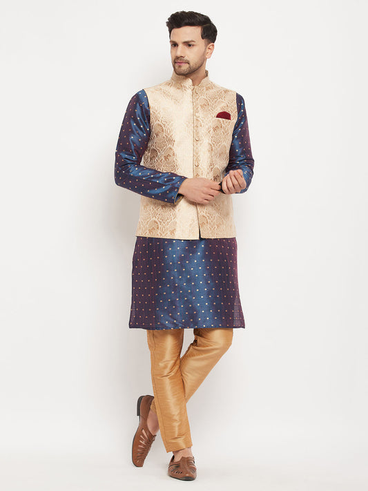 Men's Blue Silk Blend Straight Jacket  Kurta and Pyjama Set