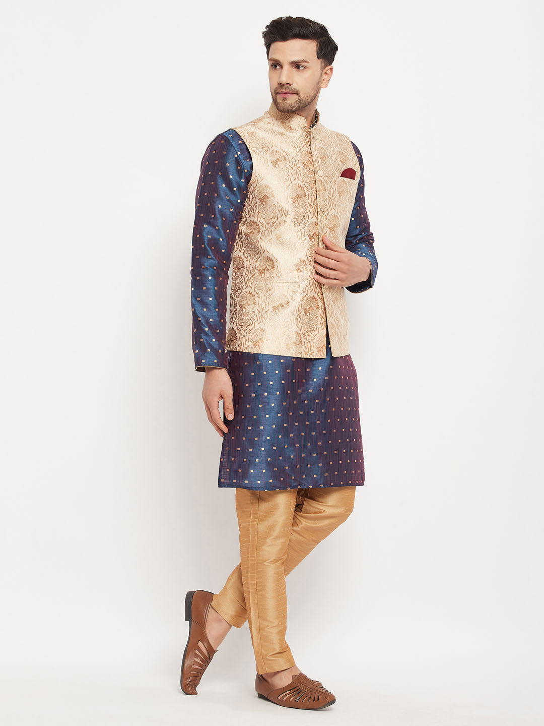 Men's Blue Silk Blend Straight Jacket  Kurta and Pyjama Set