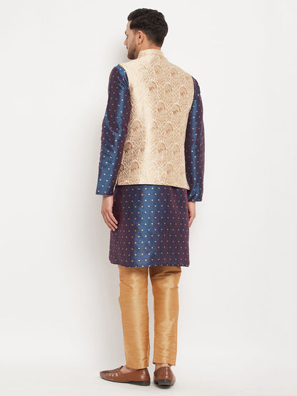 Men's Blue Silk Blend Straight Jacket  Kurta and Pyjama Set